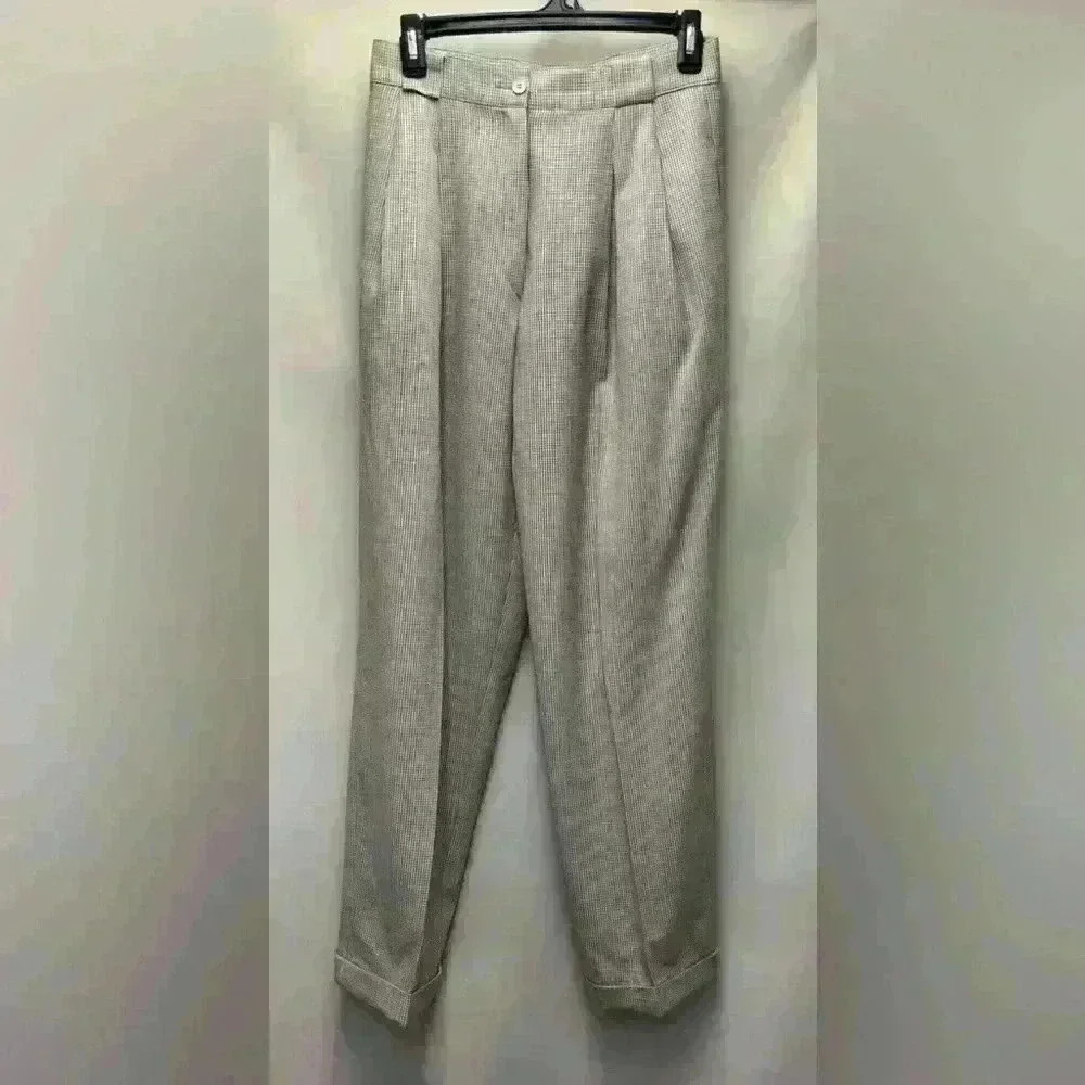 Mondo Vintage Beige/Brown Houndstooth Wide Leg Pleated Wool Blend Pants Size 6
